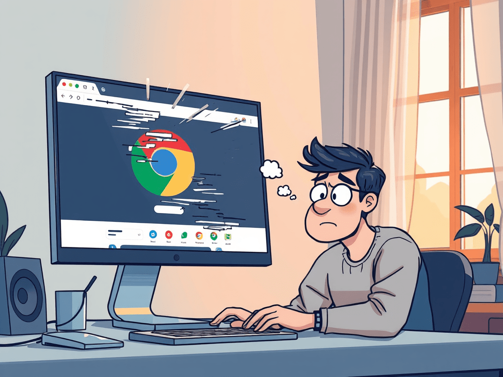 A person looking confused in front of the computer while browsing the internet using google chrome and a screen reader.